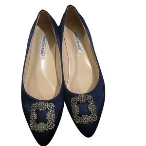 Manolo Blahnik habgisi flat in navy satin with jewel buckle.